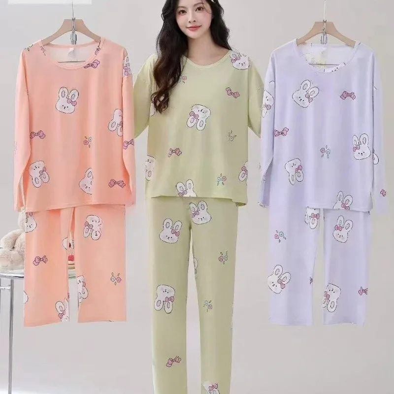

Хлопковый удобный комплект с милым мультяшным принтом, домашняя одежда с длинными рукавами и принтом, новая осенне-зимняя женская корейская пижама, женский костюм