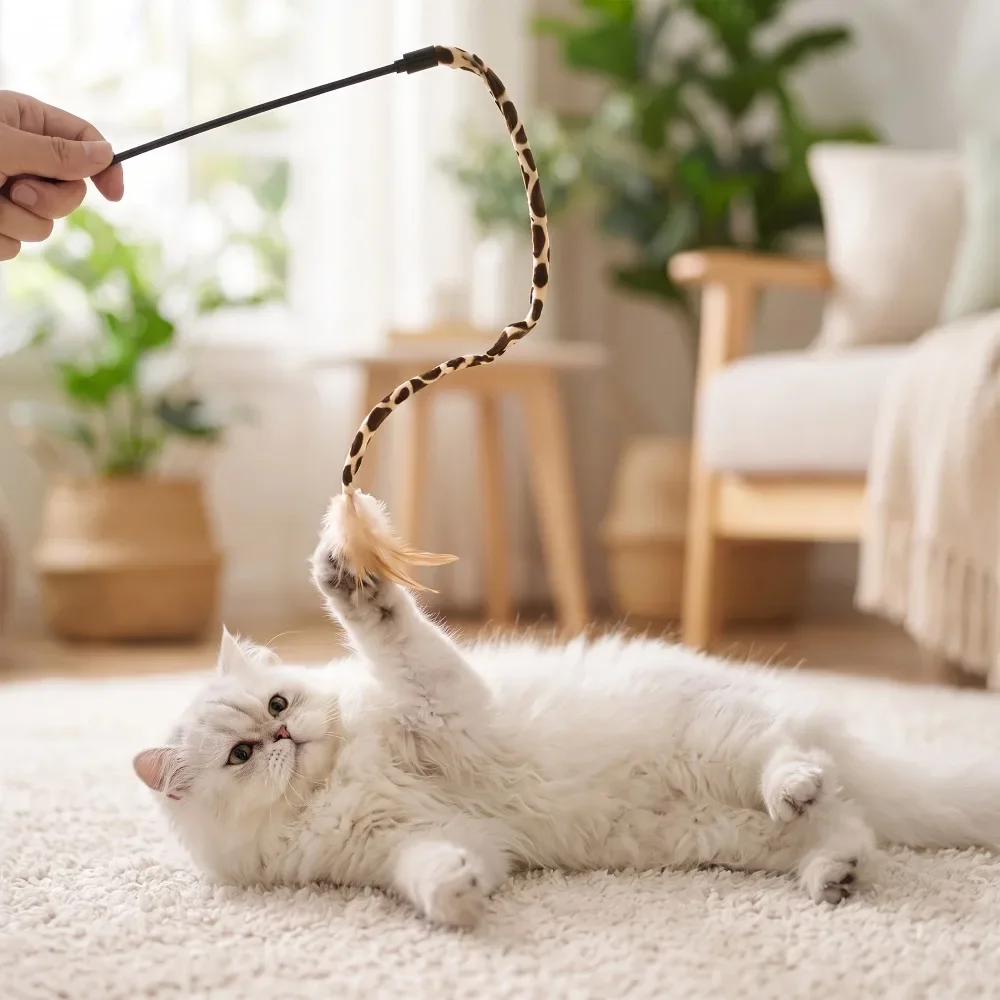 Leopard Feather Cat Wand, Interactive Cat Teaser Toy, Polyester Play Stick, Pet Exercise Toy for Indoor Cats