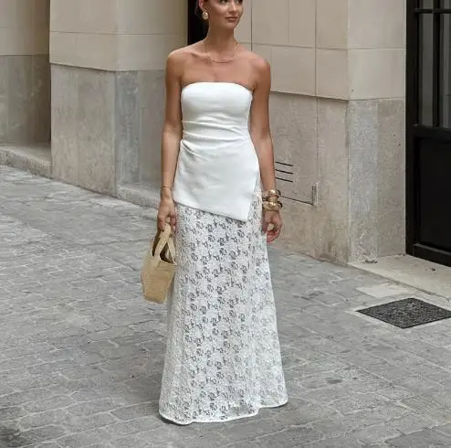 

Ladies' Sexy Lace Beach Casual Fishtail Skirt, Summer Fashion Solid Color Lace See Through High Waisted Straight Leg Skirt