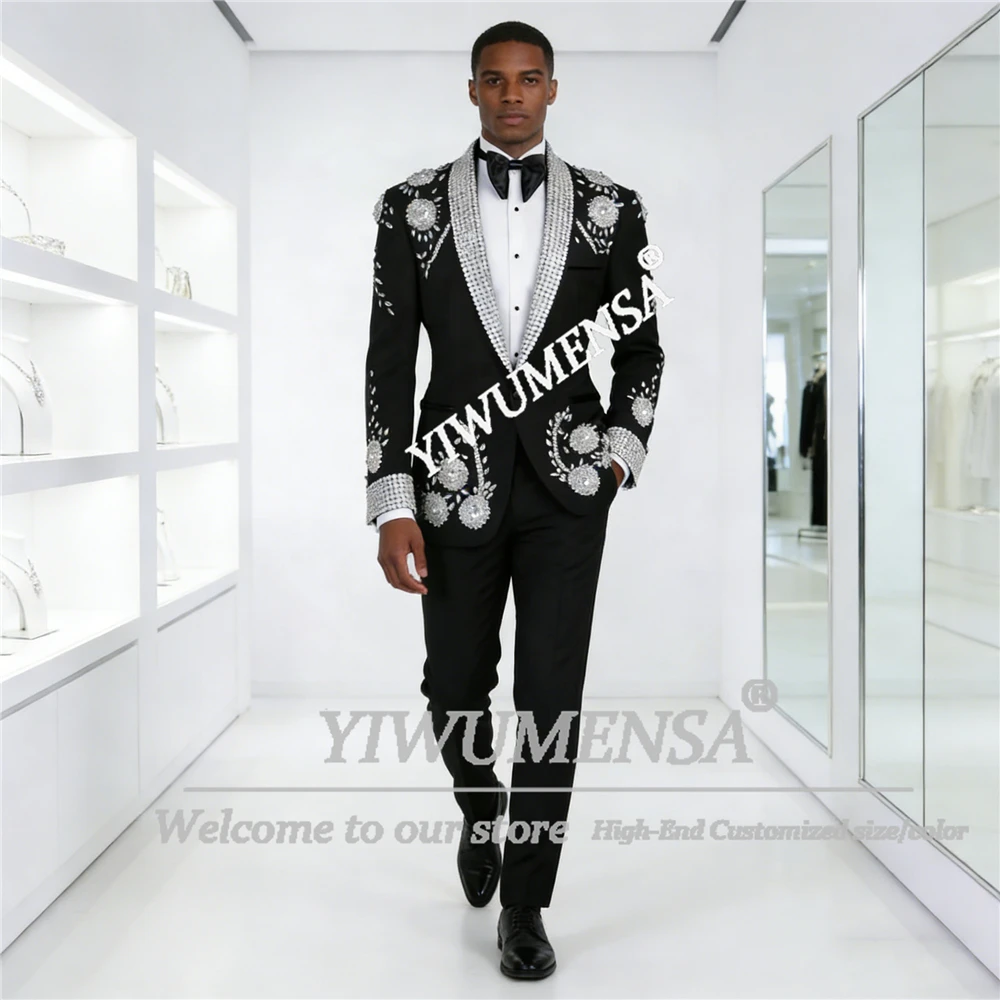 

Мужские приталенные блейзеры с воротником-шалью и блестящими стразами, индивидуальный пошив, модные костюмы для жениха, свадебные смокинги, коллекция 2026