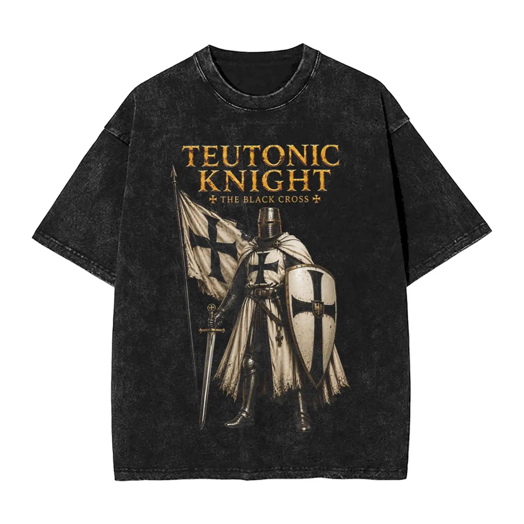 Teutonic Knight Medieval Crusader Warrior Templar Cross Knights Washed T Shirt Streetwear Hip Hop Fashion T-Shirt