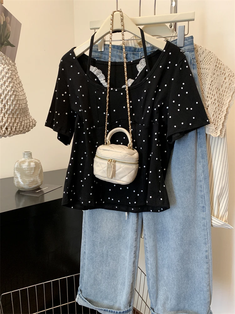 Kaus Desain Renda Dua Potong Palsu Kasual Pola Polka Dot Wanita Halter Lengan Pendek Slimfit Atasan Ukuran Plus Vneck Cocok untuk Semua