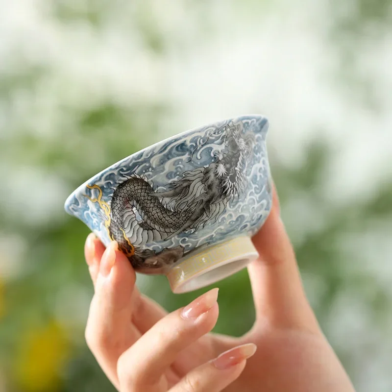 Jingdezhen Ceramic Bihai Molong Cover Bowl High-end Master Cup Press Cup Underglaze Color Pot Bearing High-end Kung Fu Tea Set