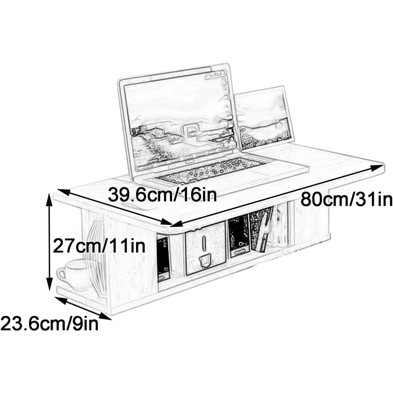 Wall Mounted Table Space-Efficient Computer Workstation with Storage Shelves Wood Multi-Layer Ecological Board Study Desk