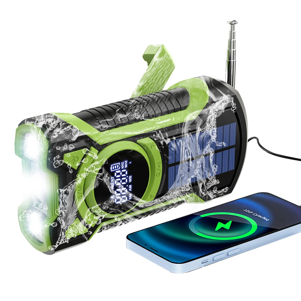 DE16 Hiking Emergeny Weather Radio Portable Solar Hand Crank 5000mAh AM/FM Bluetooth Waterproof Flashlight Power Bank Auto Scan