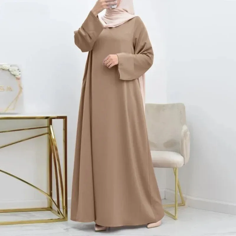 

Muslim Womens Satin Abaya Dress Simple Solid Color Loose Fit Round Neck Belted Long Sleeve