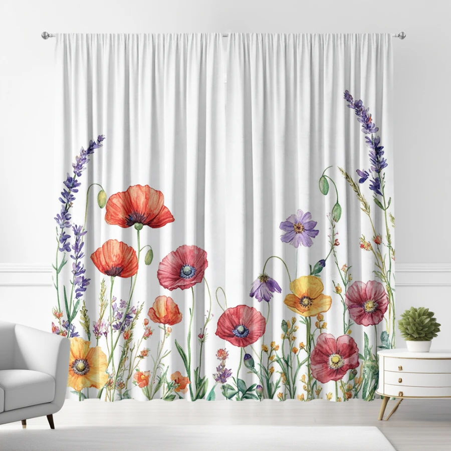 2PCS Digital Print  Curtain, Watercolor Poppy Flowers, Botanical Print Window Drape for Living Room Bedroom Home Decor