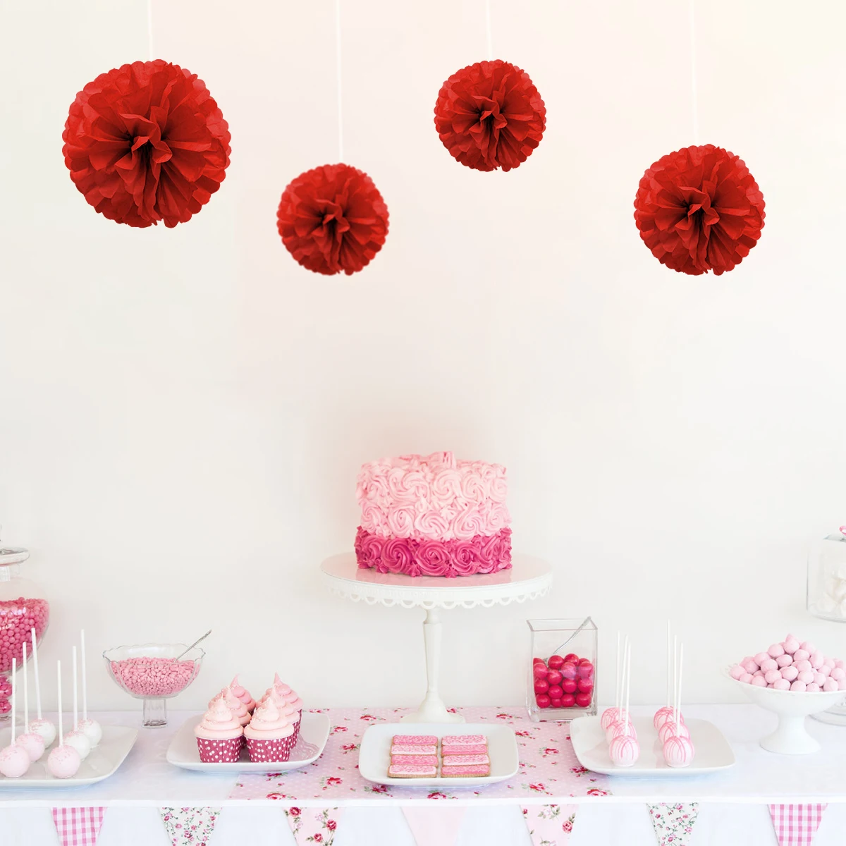 1 pz Set 7.8 pollici di carta rossa Pom Pom carta fiori di carta decorazioni appese fiori di tessuto per la festa di compleanno Pom Pom