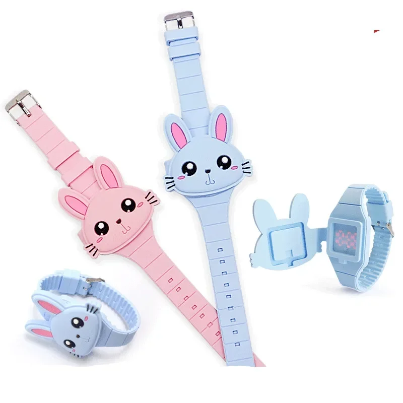 

Cute Rabbit Cartoon Kids Watches for Girls Flip Cover Electronic Children Watch Women Student Girls Clock Reloj Infantil Saati