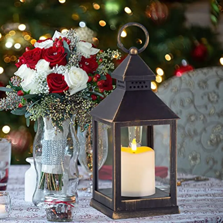 Vintage en Brushed Lantern Decorative LED Flickering Flameless Candle with Timer, Battery Powered LED Decorative Hanging Lanter