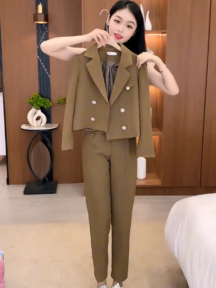 

Модный укороченный костюм-двойка для женщин: брюки-харлан и пиджак, осень 2026, новинка, трендовый и элегантный комплект