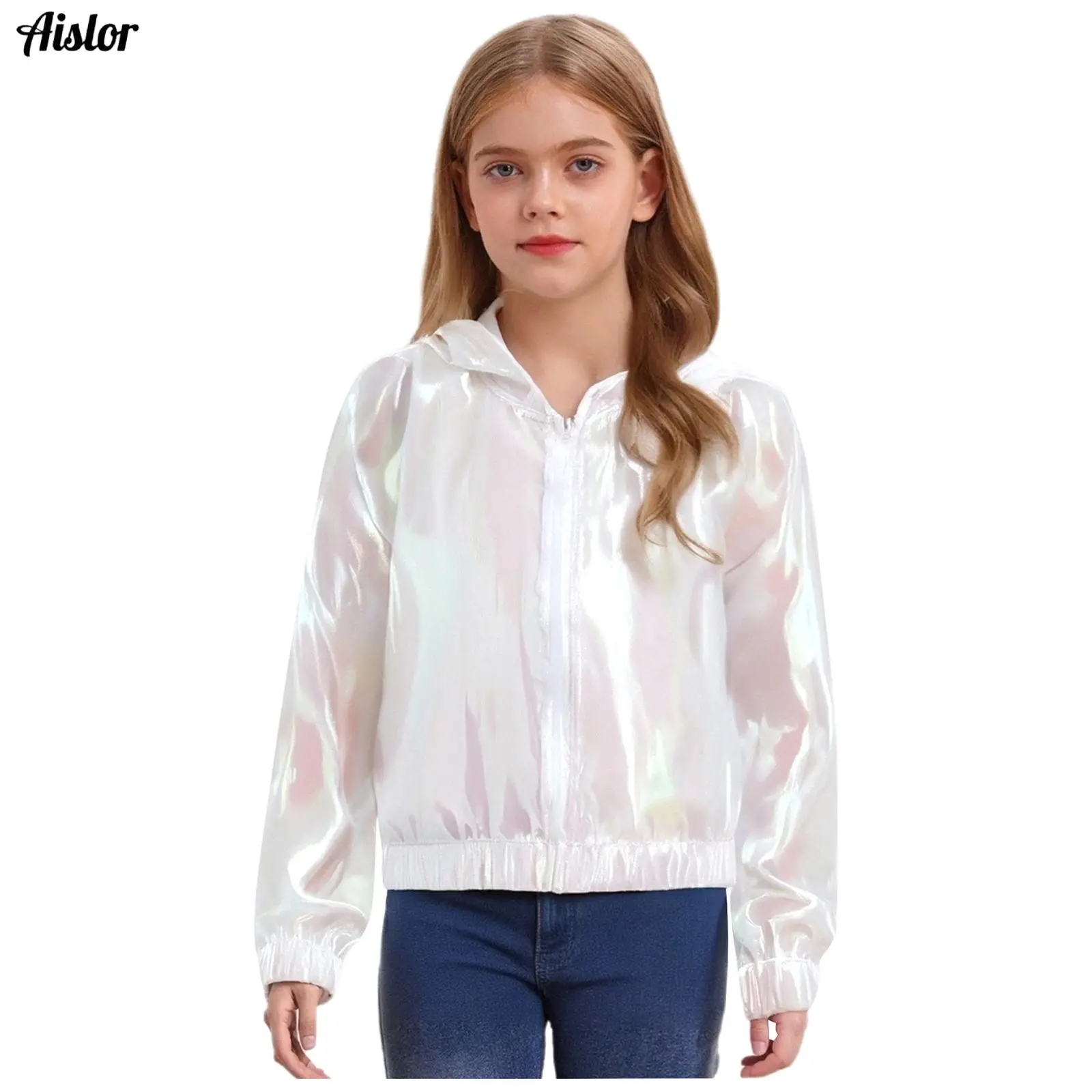 

Kids Girls Shimmery See-Through Jacket Outwear Long Sleeve Zipper Hooded Coat Sun Protective Clothing Fashion Thin Light Jacket