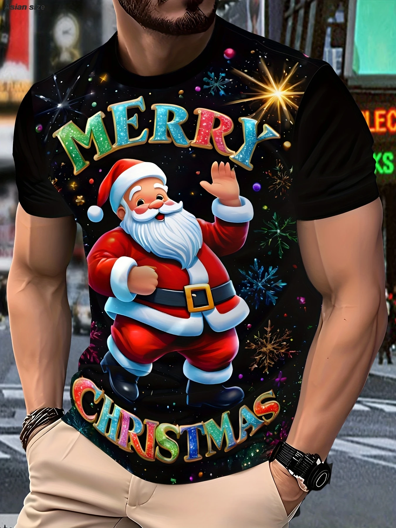 Men's Christmas T-Shirt with Santa & Snowman Print,Festive Top,Funny Casual Tee,Perfect Gift for Christmas Secret Santa Exchange