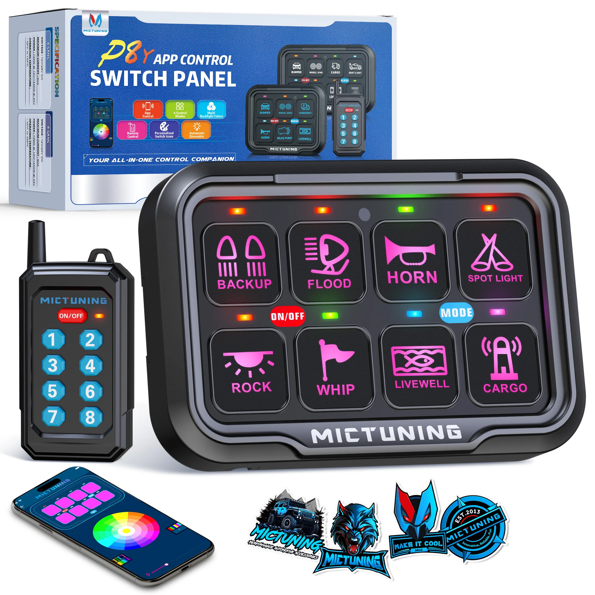 

MICTUNING P8Y Ultra Switch Panel 8 Gang Wireless App & 230FT Remote Control, Auto Dimmable RGB Colors Circuit Box Toggle Switch