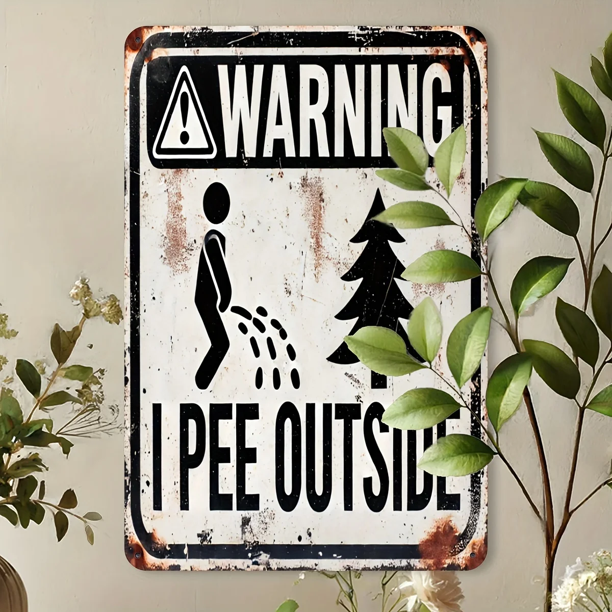 [Vintage Sign] Vintage Metal  Sign: 'WARNING I PEE OUTSIDE' | Garden, Farmhouse, Door, Patio, Yard Decoration
