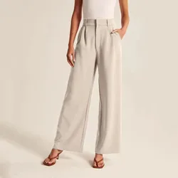 Pantaloni Casual da donna a gamba larga da ufficio da donna a vita alta da lavoro tinta unita su misura Button Down pantaloni semplici coreani con tasche