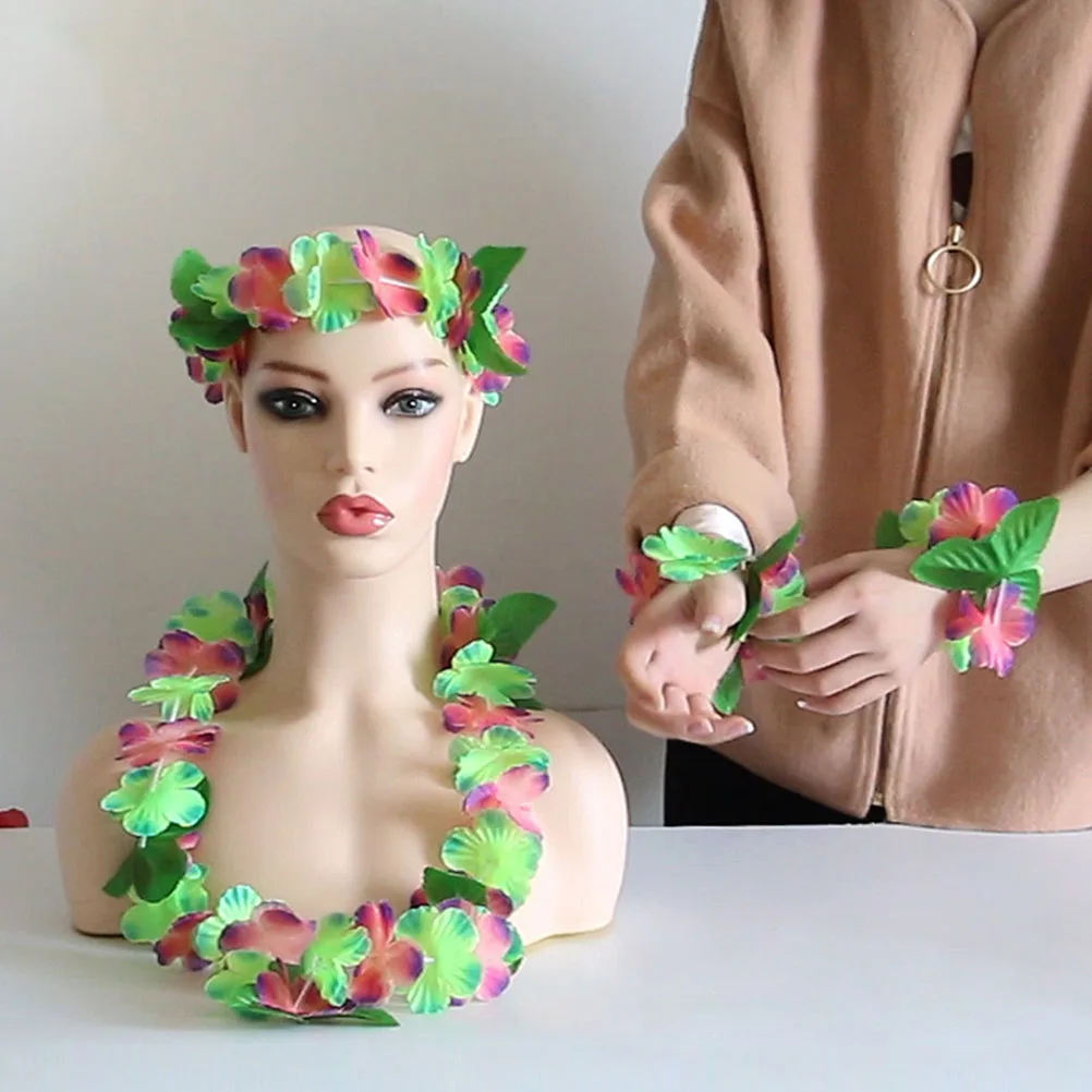 

1 set Hawaiian Lei Set Garland Accessories Fake Leis Headbands Wristbands Party Supplies Toddler Flower Necklace