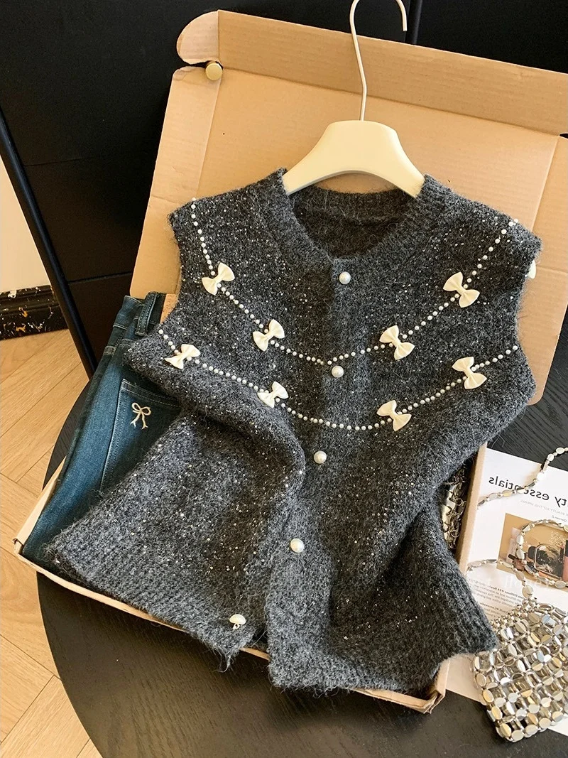 

Sweet Sle Knitted Knot Vest Women's Outerwear High-End Feeling Sequin Svel Top Soft Korean Sle Mid-Thi ...