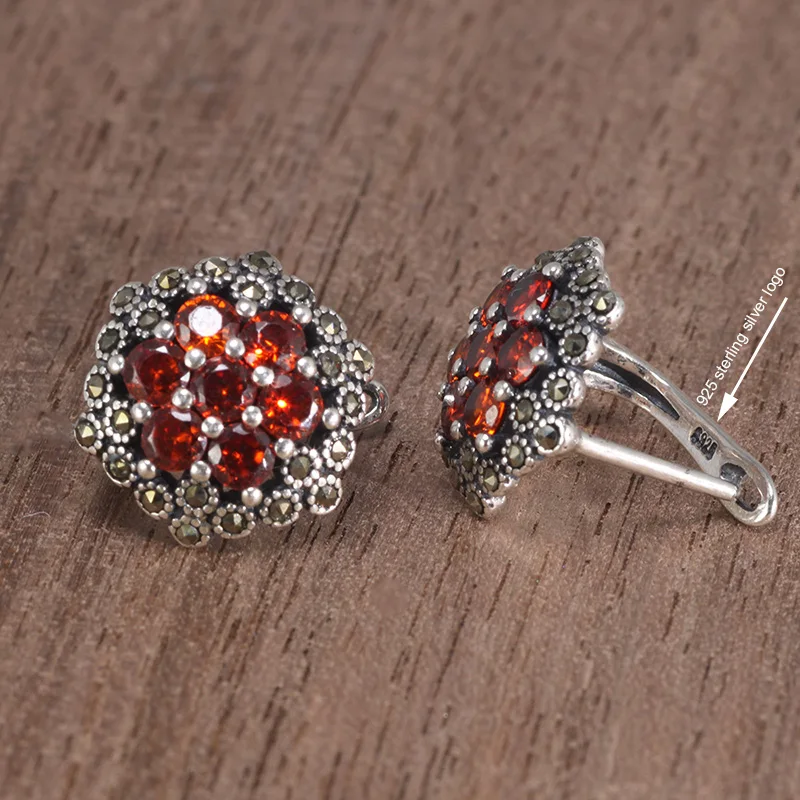 Real 925 Sterling Silver Handmade Flower Earrings Clip For Women Inlaid Red Garnet Natural Stone Vintage Style Brinco