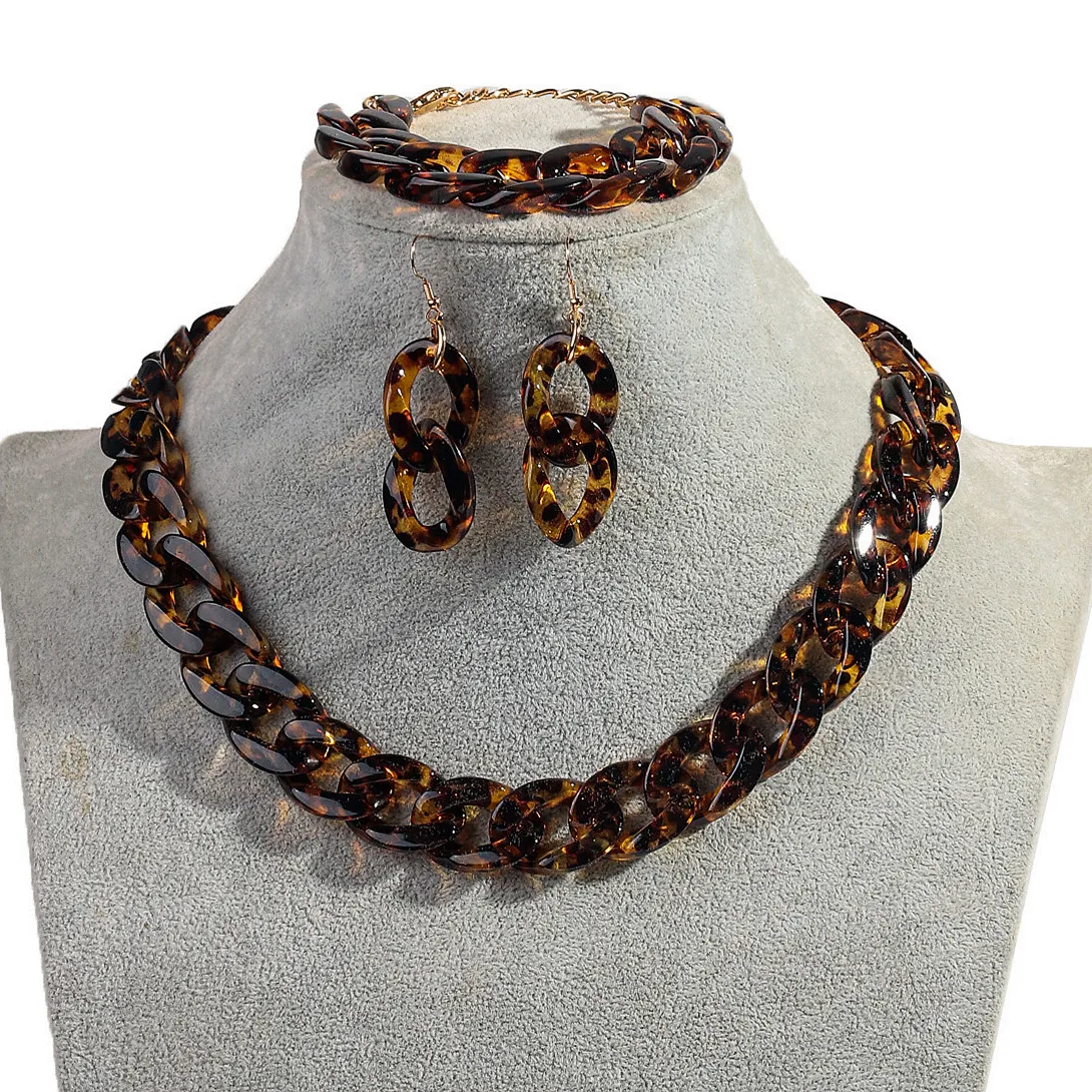 

4pcs/set Statement Colorful Acrylic Long Chain Necklace for Women Punk Leopard Choker Earrings Bracelet Party Jewelry Set Gifts