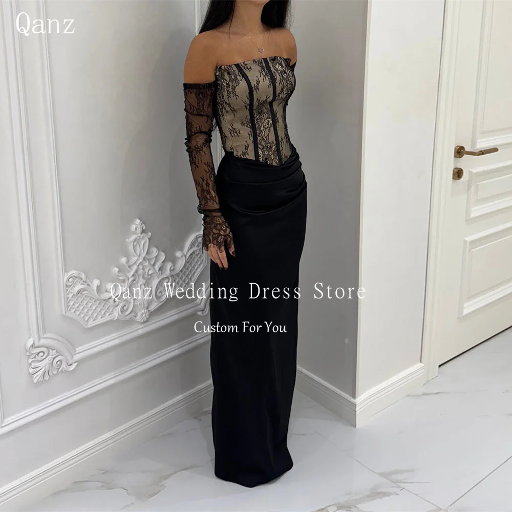 

Qanz Black Satin Evening Dress Strapless Lace Mermaid Vestidos De Festa Elegante Long Sleeves Party Prom Dresses Customized