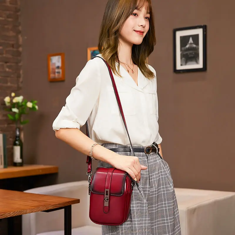 Leather shoulder bag women\'s fashion mobile phone bag sheepskin contrast color messenger bag women\'s small square Bags For Women