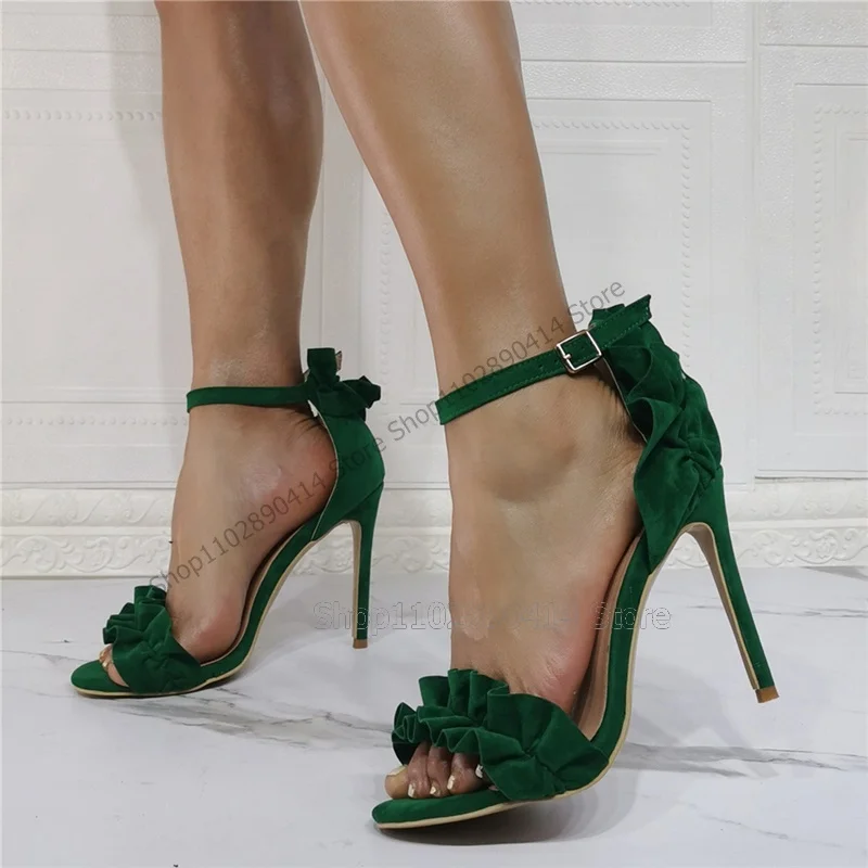 

Green Pleated Ruffles Decor Open Toe Sandals Ankle Buckle Strap Women Shoes Thin High Heels New Fashion 2023 Zapatos Para Mujere