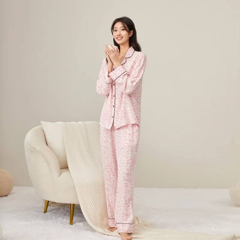 Tencel Lyocell Spring and Summer Thin Pajamas Homewear Summer Pink Leopard Print Large Size Spring and Autumn Long Sleeve  Suit