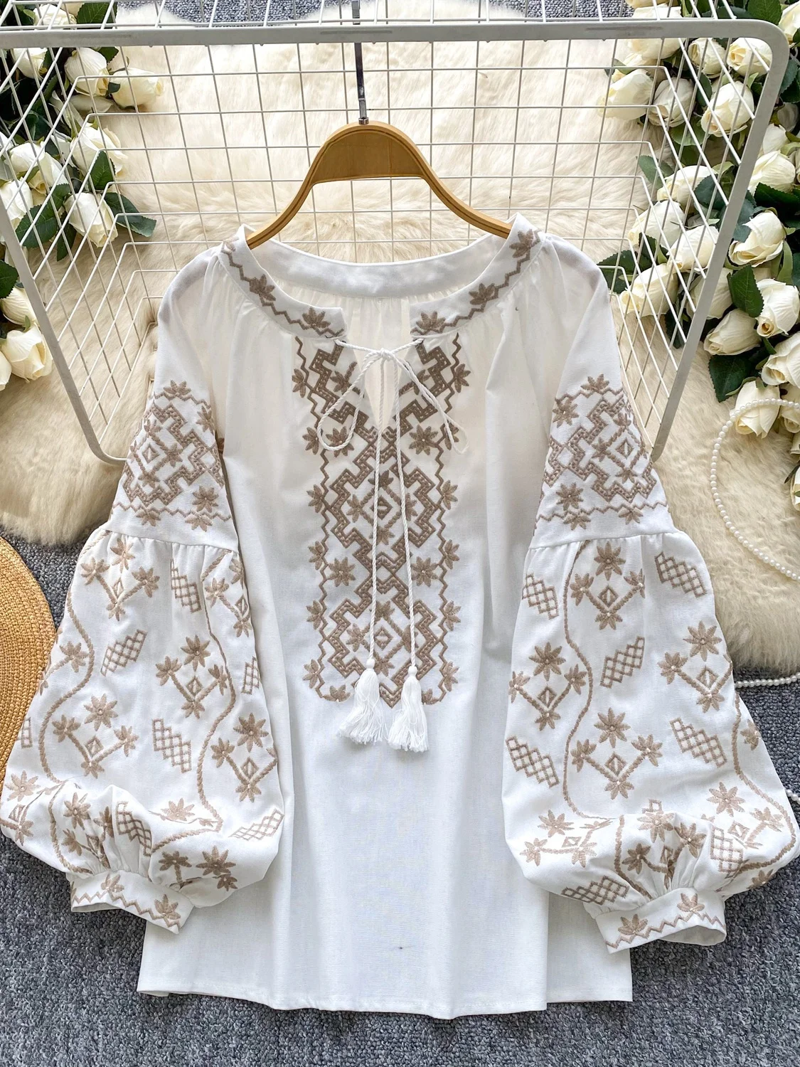 Bohemian Style Heavy Embroidery Lantern Sleeve Shirt Women Loose Slimming Casual Top Retro Ethnic Wind with Belt for Autumn