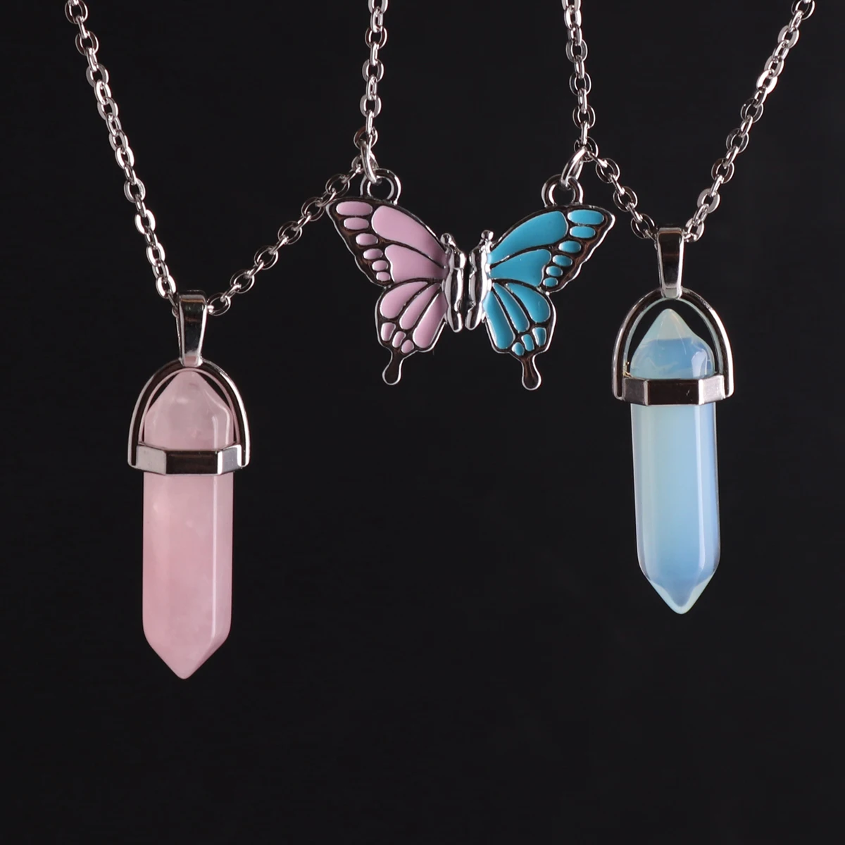 1pair Hexagonal Column Natural Crystal Stone Butterflies Pendent Rose Quartz Necklace Hexagram Charm Lovers Friends Dropshipping