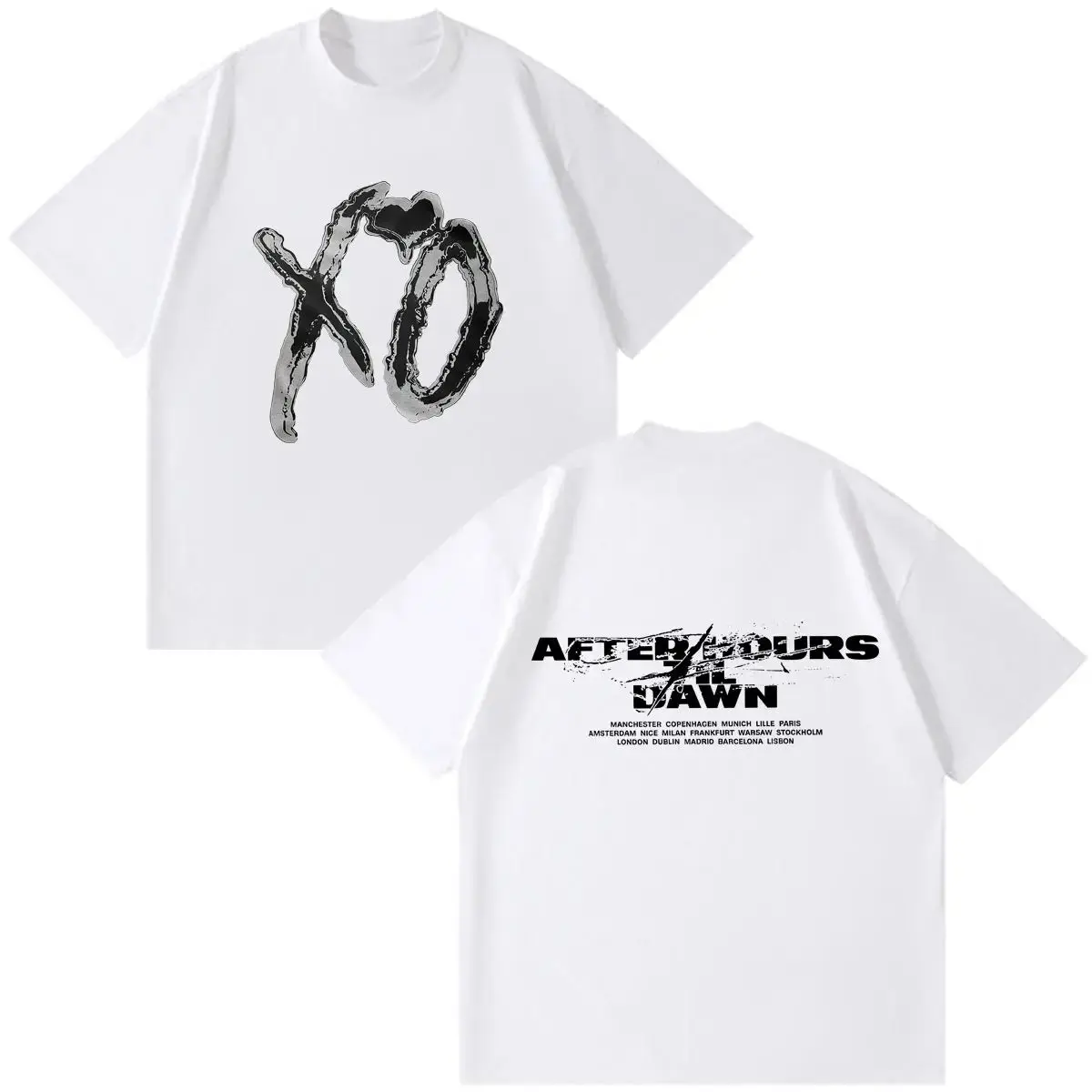 Front & Back Dual Print Tee For Men Black Base Crew Neck Short Sleeve Distressed Metallic Heart Text Pattern Loose Casual Unisex