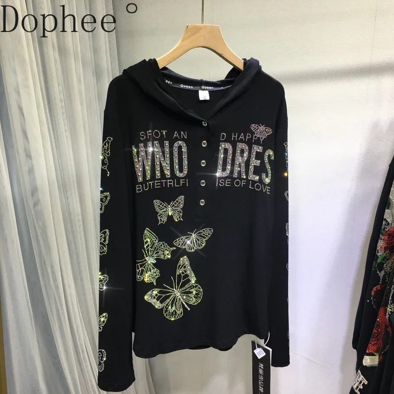 

High Quality Butterfly Hot Drilling Hooded Pullover Top All-match Autumn Winter Long Sleeve Basic Shirt Shiny Diamonds T-shirt