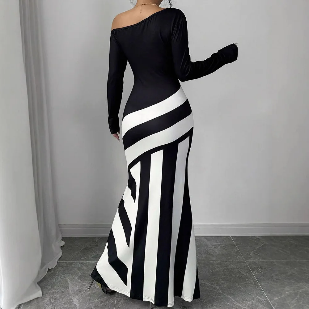 Femmes neuf-quarts manches noir et blanc impression numérique asymétrique rayure T-Shirt robe à la mode décontracté Maxi robe Robes