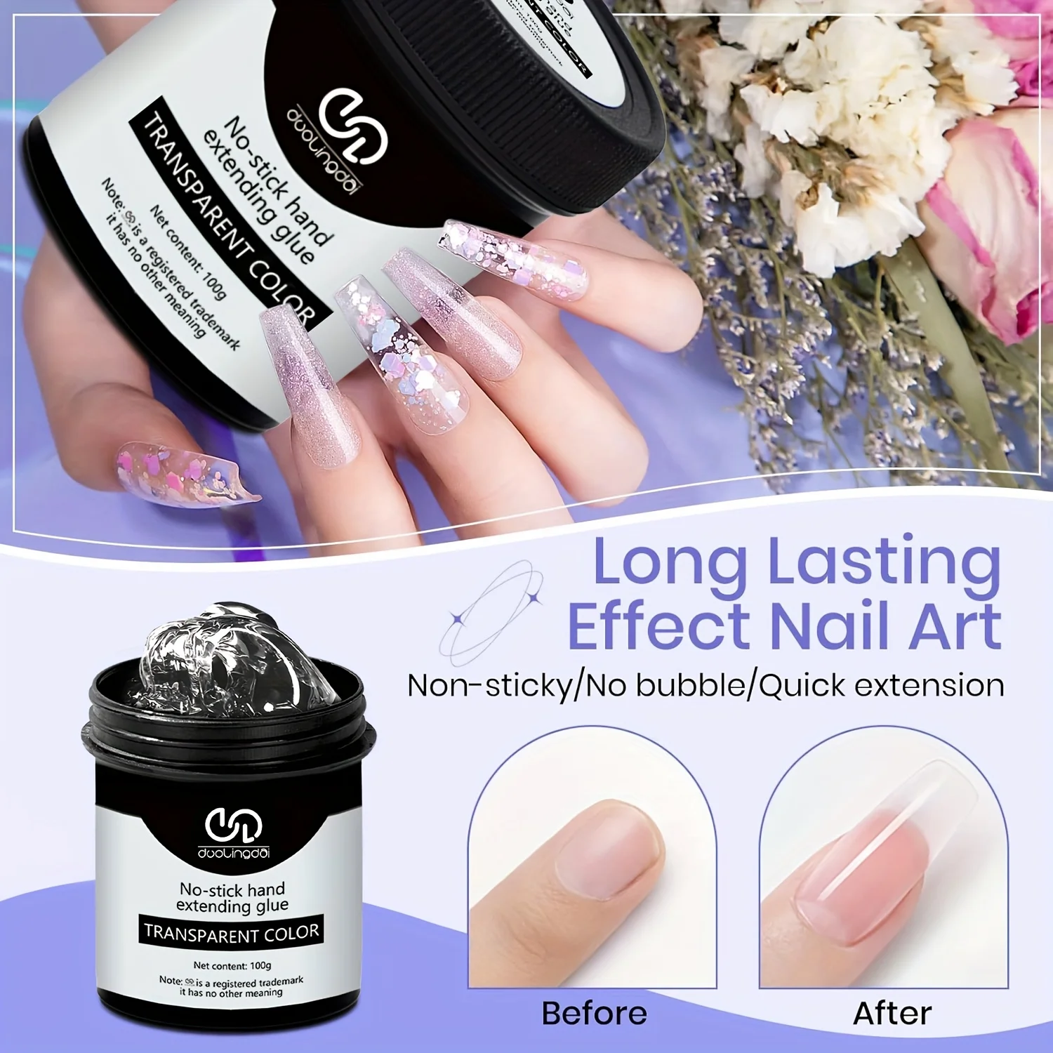 100g Non-Stick Hand Solid Nail Extension Gel  -Clear Pink White Prolong Hard Gel 3D Carving Flower Nail Art Shaping Gel