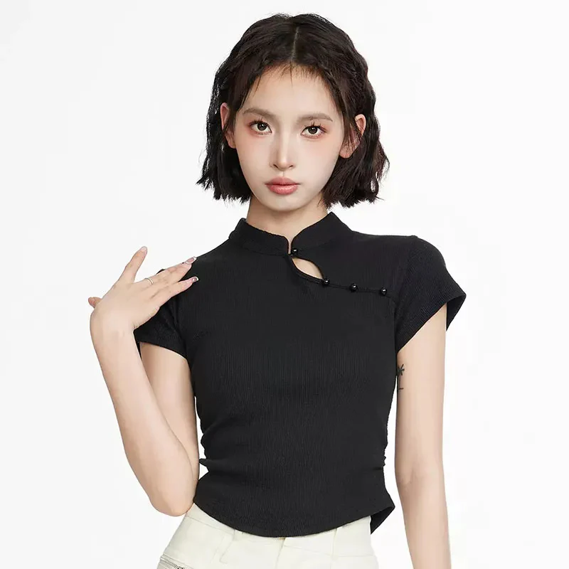 Summer New Chinese Style Cheongsam Top Women Pure Cotton Short Sleeve T-shirt Stand Collar Black Clothing Daily Girl Slim Top