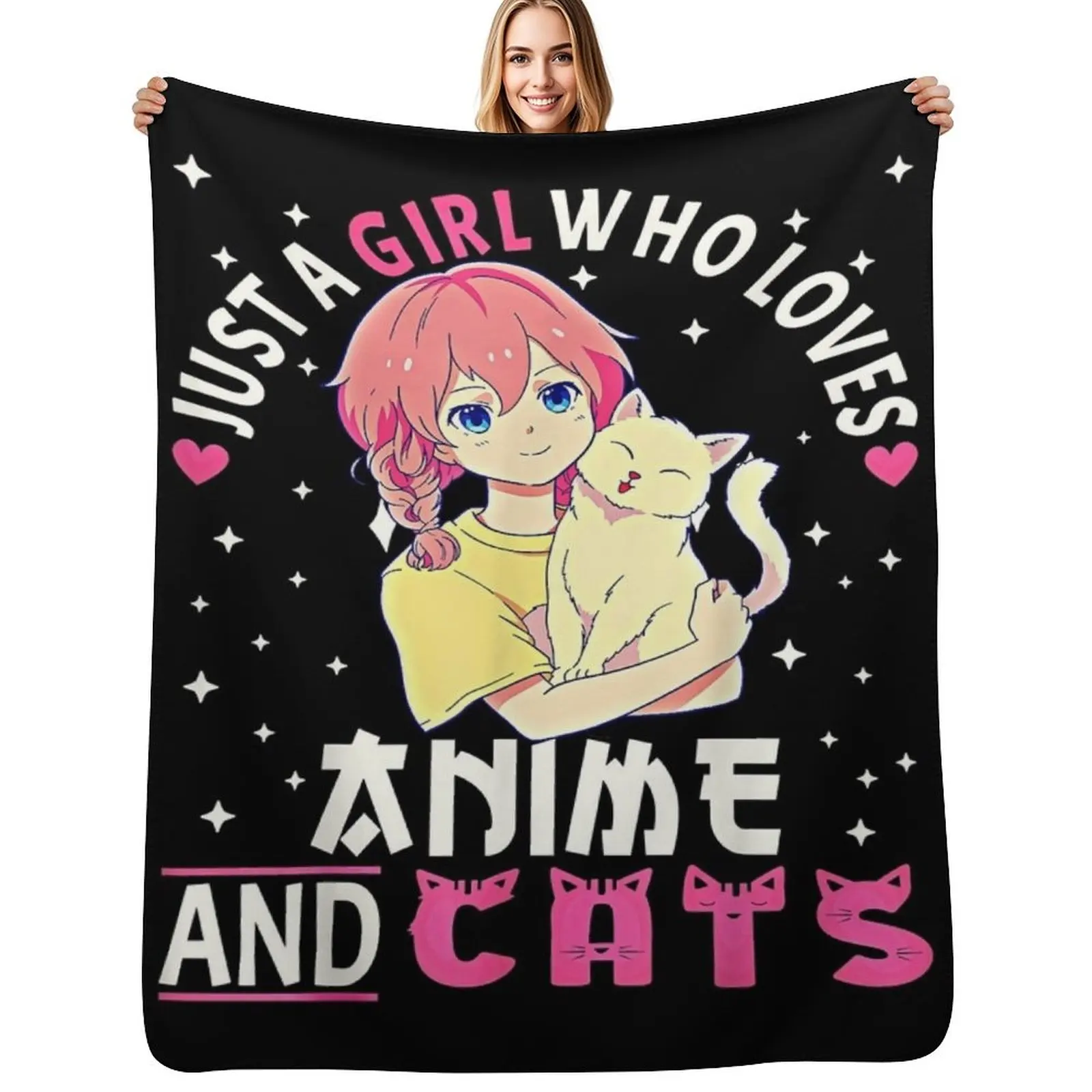 

Just A Girl Who Loves Anime And Cats. Anime Stuff Anime Cat T-Shirt Throw Blanket Soft Warm Blanket Gift for Men Women Adults