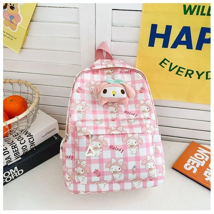 Sanrio Cinnamoroll Kuromi Melody Hello Kitty Plaid Anime Backpack Cute Schoolbags Cartoon Satchel Kawaii Knapsack Birthday Gifts