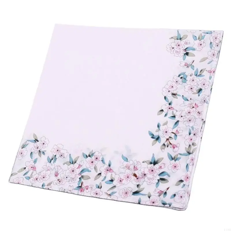 F19B Women Cotton Handkerchief Soft and Friendly Flower Pinted Pocket Towel for Lady