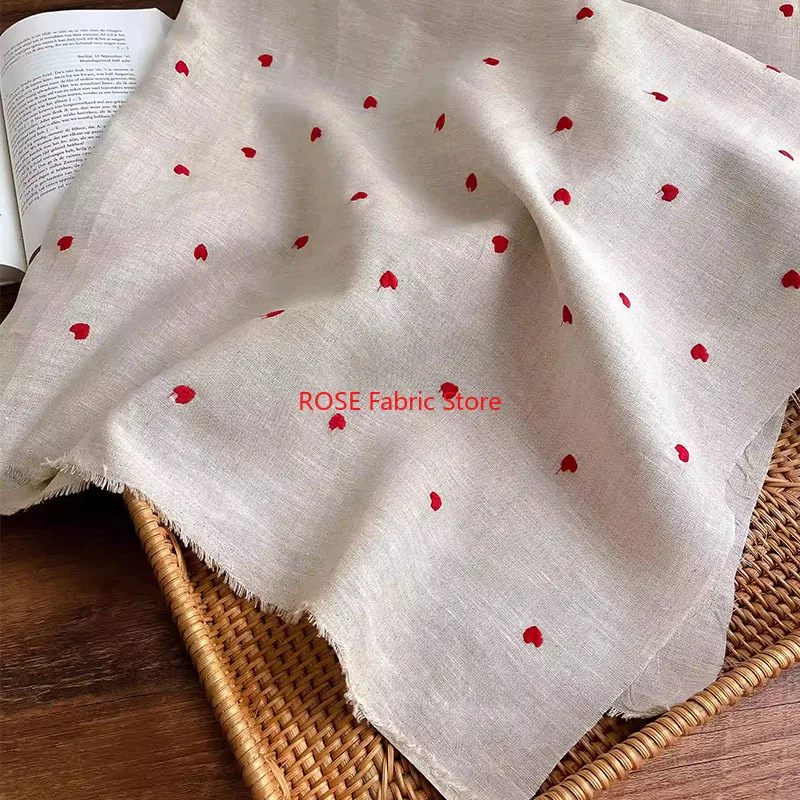 

Red Heart Embroidered Linen Fabric For Girl dress, Women's Children's Clothing Dress Shirt Fabric Handmade Diy Cloth