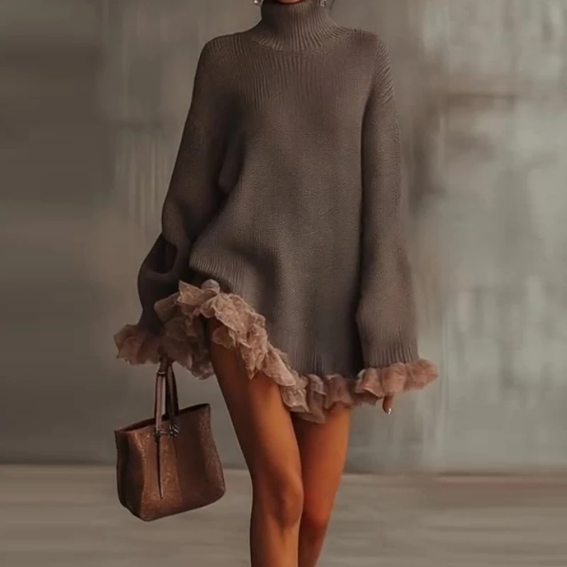 

Fall 2025 Knitted High-necked Ruffled Long-sleeved Women's Sweater Dress