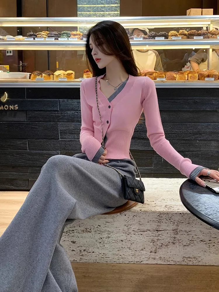 

Spring and Autumn Wear Suit 2025 New V-Neck Long Sleeve Knitted Cardigan High Waist Straight Wide Leg Pants Two-piece Set Women