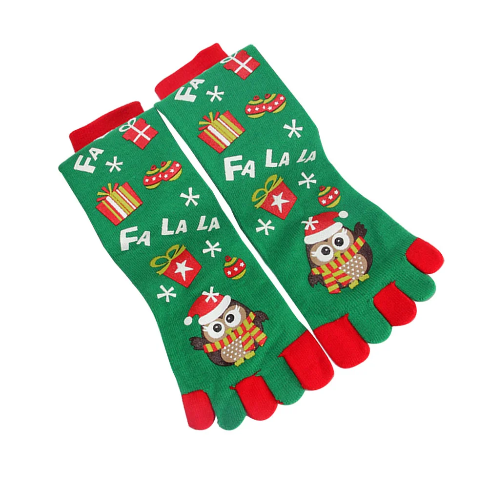 

1 Pair Christmas Toe Socks Xmas Socks Five Fingers Long Socks Owl Printing Socks (Green) - Free Size