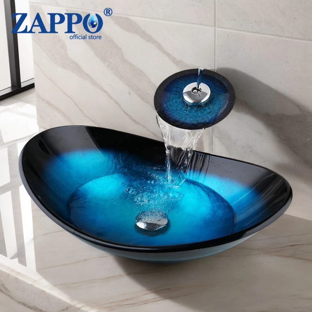 ZAPPO Tempered Glass Basin Sink Washbasin Bathroom Vessel Sinks Counter top Bowl Washroom Vessel Vanity Sink with Faucet Tap