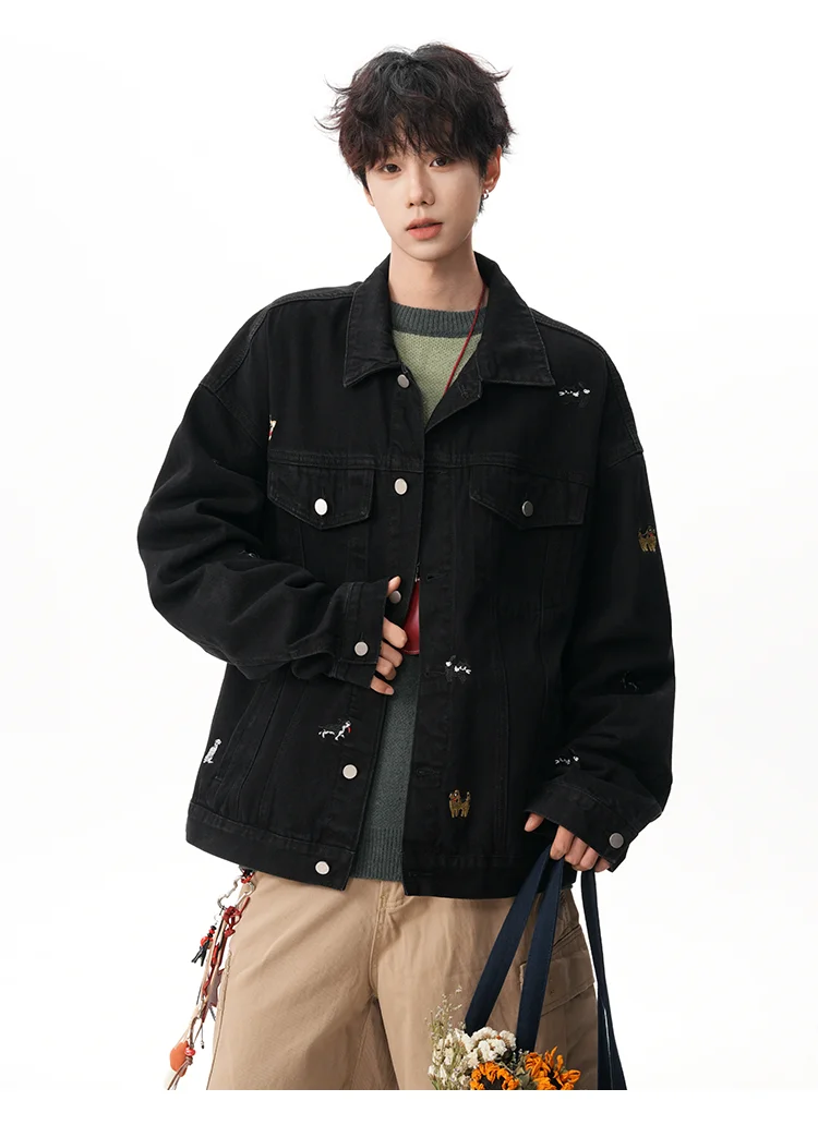 2025 الربيع والخريف جديد الرجال الأسود الكرتون جرو المطرزة غسلها الدنيم سترة الرجعية فضفاضة عادية رمادي داكن الأزرق سترة