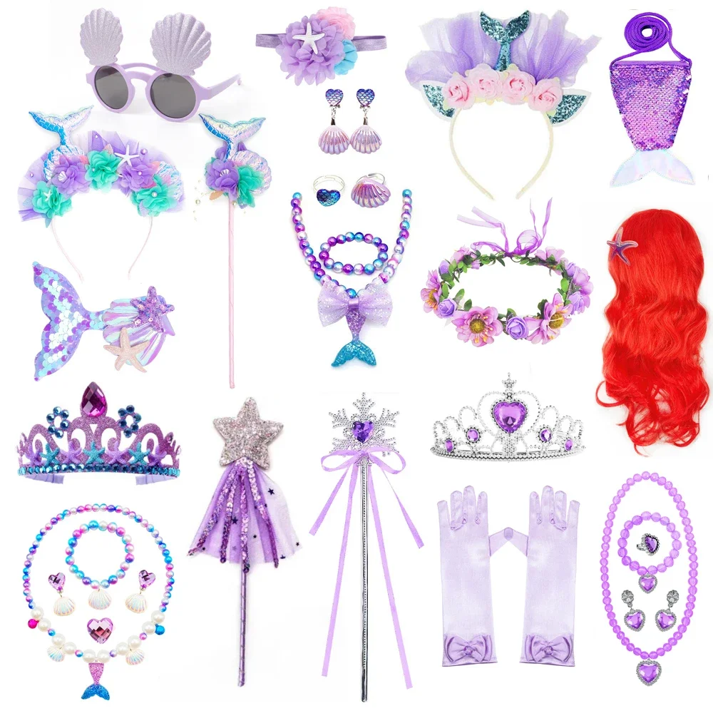 

Mermaid Accessories for Girls Cosplay Dress Up Princess Gloves Crown Wand Neacklace Bracelet Earrings Bag