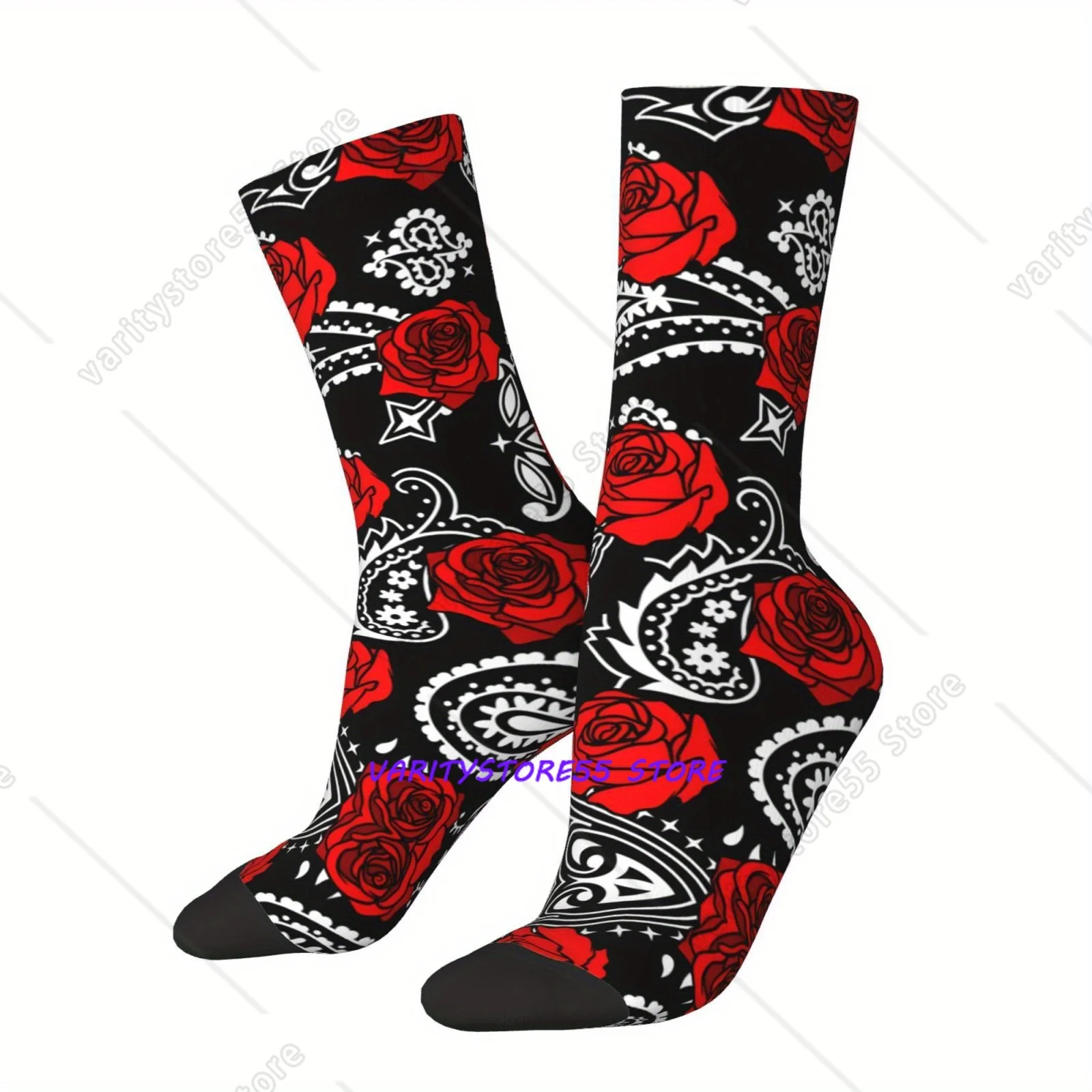 Rose Bandana Socks for Men Hip Hop Harajuku Happy Seamless Pattern Printed Boys Funny Socks Casual Gift