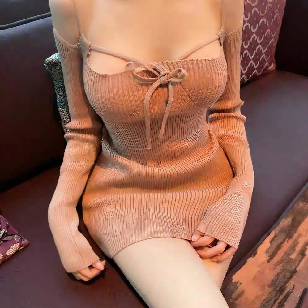 

5STUDIO Sexy Knitted Dr Waist Cinched Strap on Bodycon Long Sve U-Ne Daily Wear Pure Desire Women's Dr