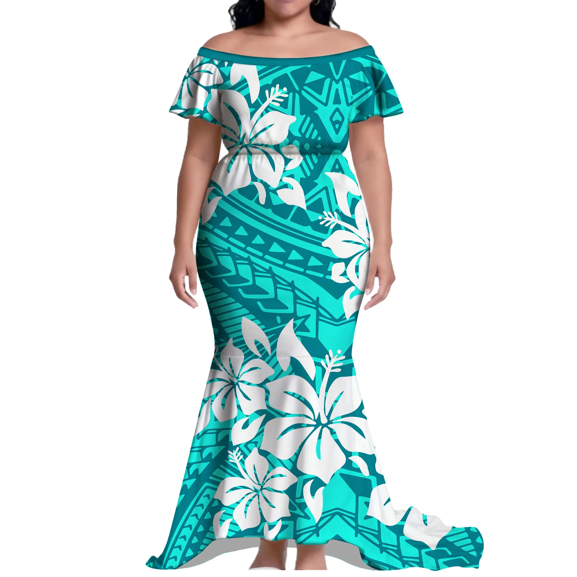 Hawaiian Lady'S Off-The-Shoulder Custom Patterned Dress Polynesian Casual Waist-Cinched Floor-Length Evening Dress