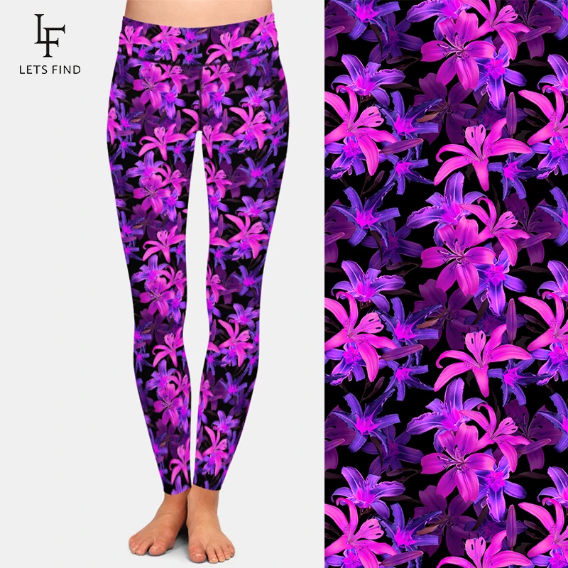 Letsfind belas flores estilo lírios impressão alta quaility leggins cintura alta elástico magro treino leggings