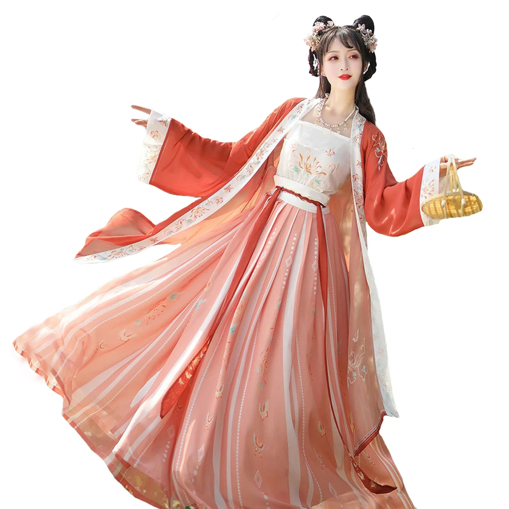 Różowy chińskie tradycyjne Hanfu damski sukienka haftowana 3 szt. Kostium do tańca z bajki Cosplay na imprezę karnawałową starożytny chińska odzież